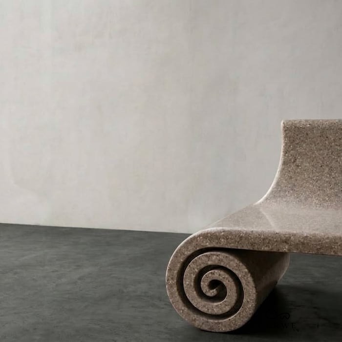 Luxury stone furniture: sandstone outdoor bench with a coiled spiral base