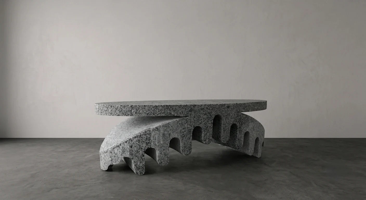 Luxury stone furniture: oval granite coffee table on an arched, ribbed base, studio setting