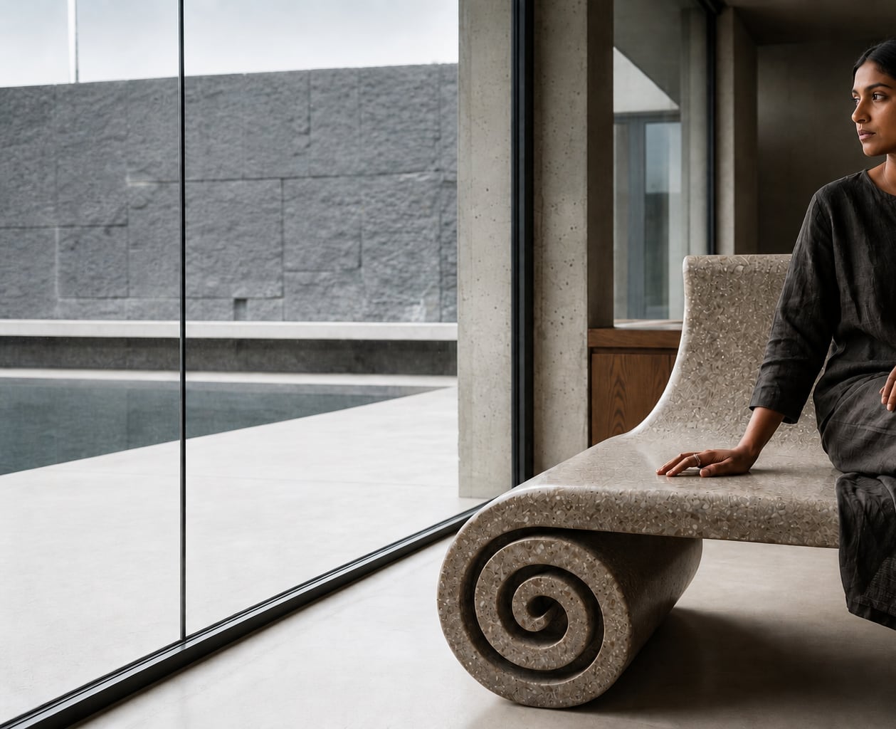 Luxury stone furniture: woman seated on a coiled granite lounge chair beside a poolside window