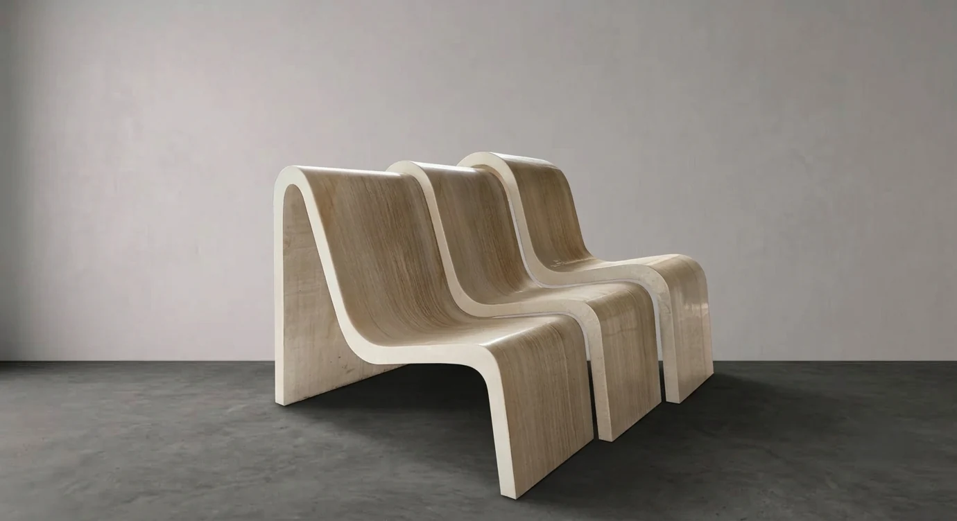 Luxury stone furniture: sandstone wave-form bench with three flowing seats, studio setting