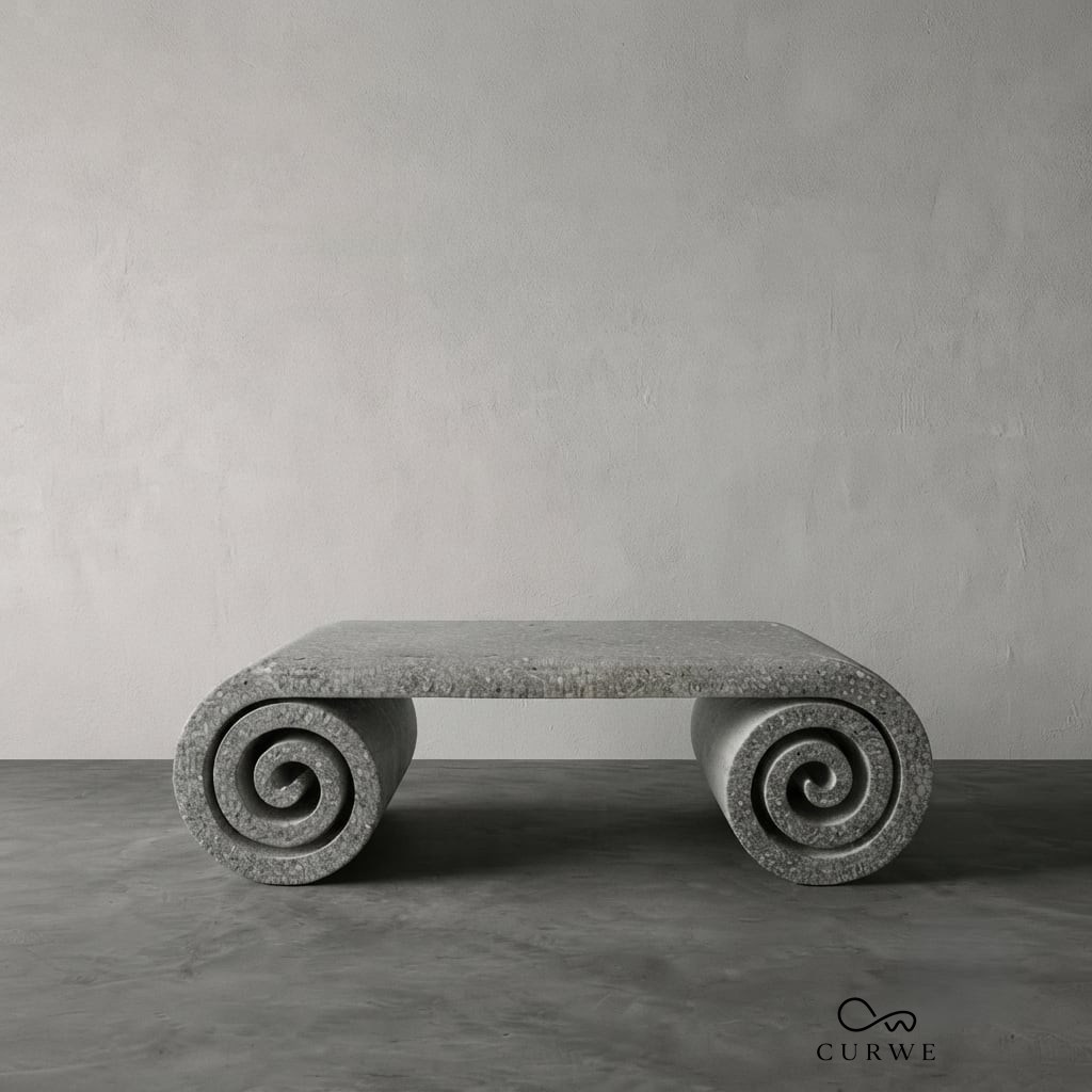 Curl oval granite bench on twin scrolled legs