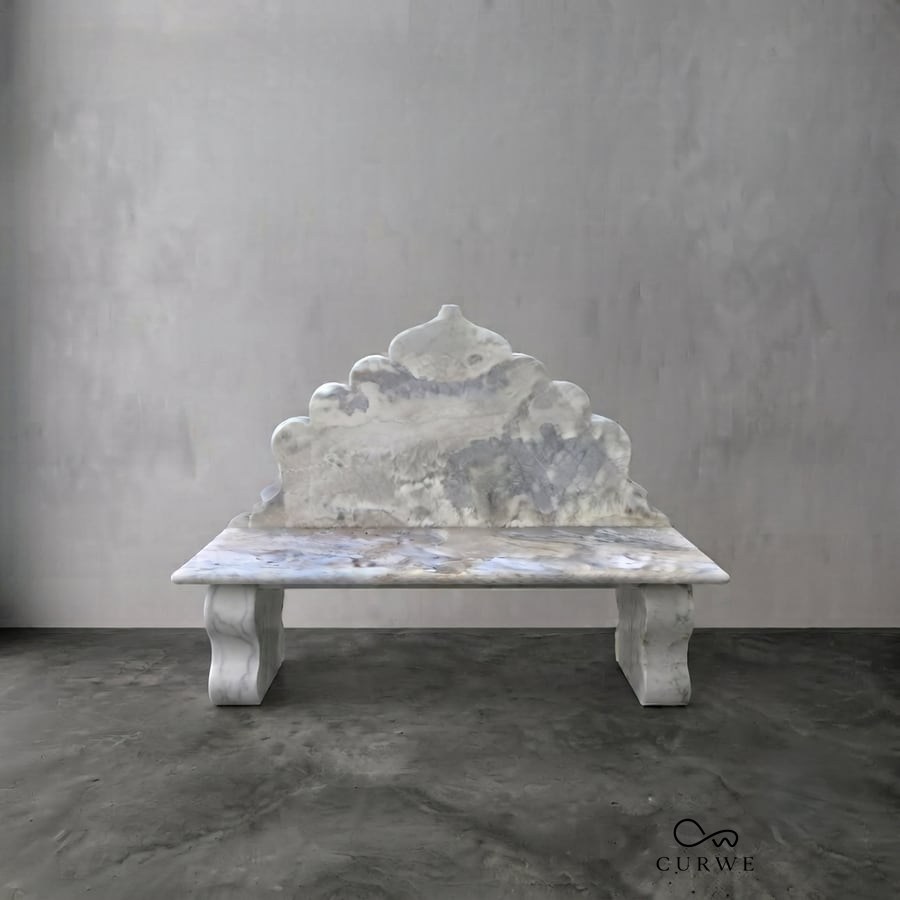 Haveli white marble bench with a scalloped palace-style backrest