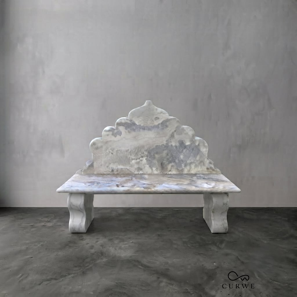 Haveli white marble bench with a scalloped palace-style backrest
