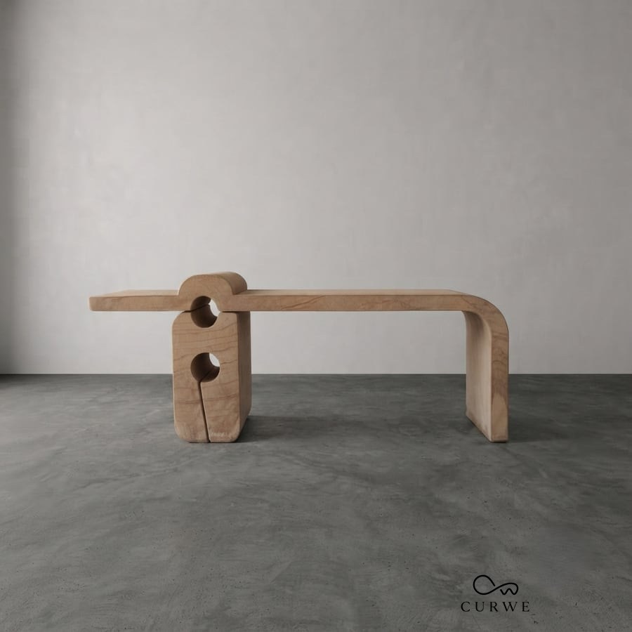 Portal red sandstone console table with a circular cutout leg
