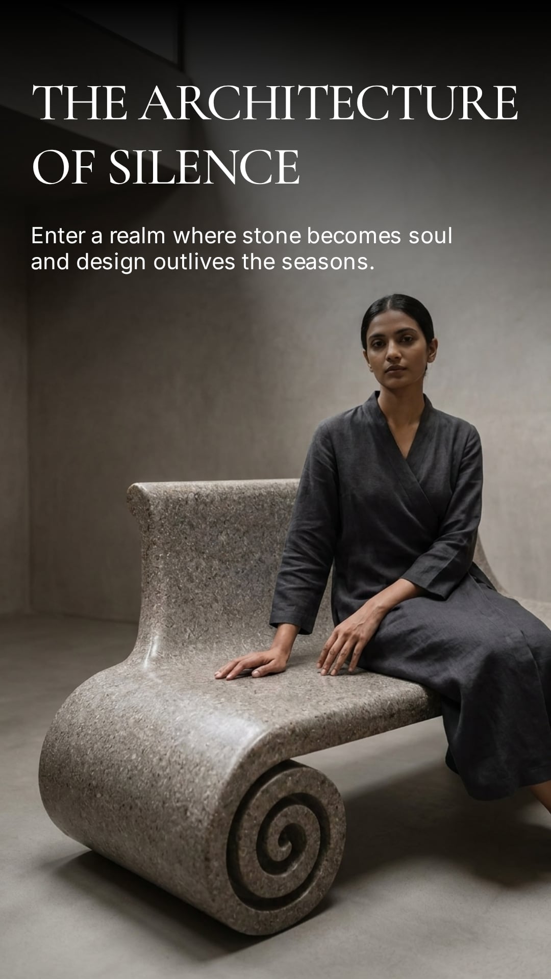 Guest seated on a scrolled stone bench in a dim concrete room