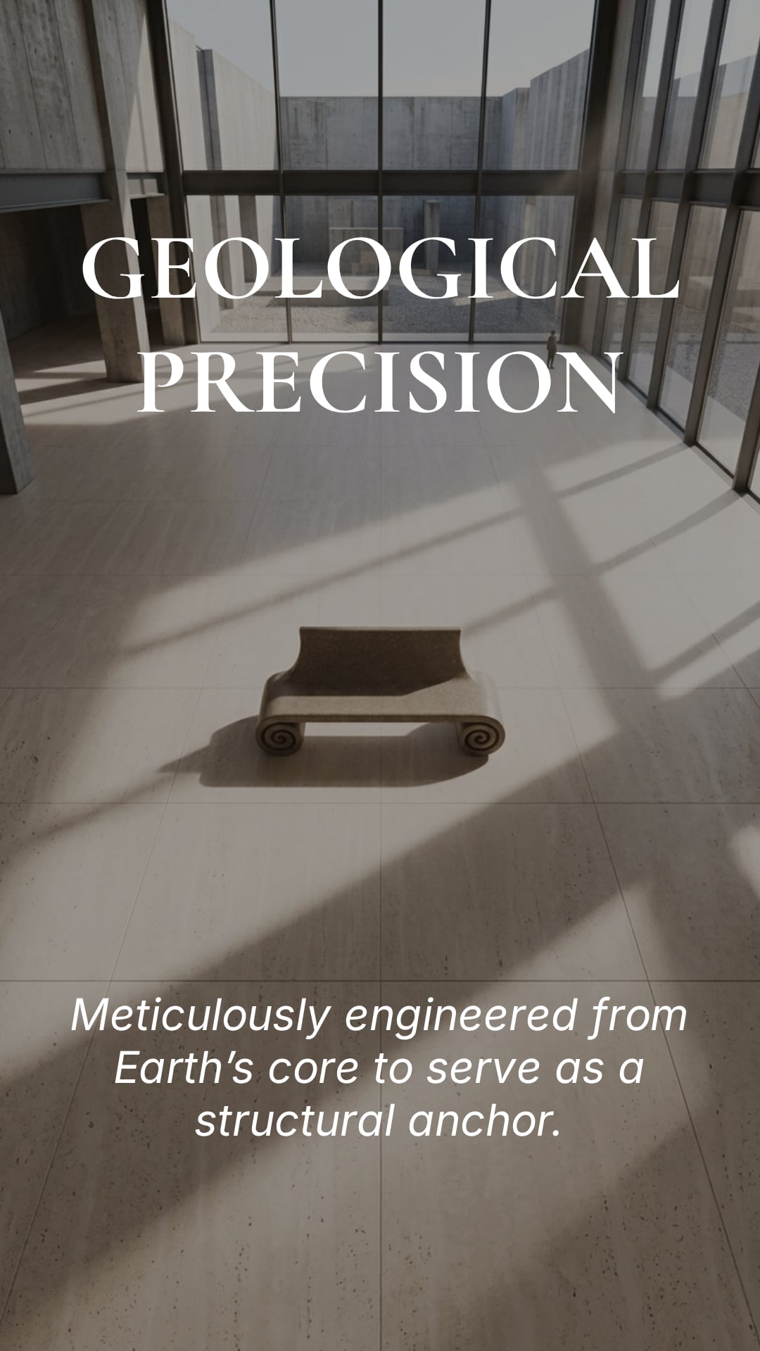 Small scrolled stone bench in a sunlit concrete atrium