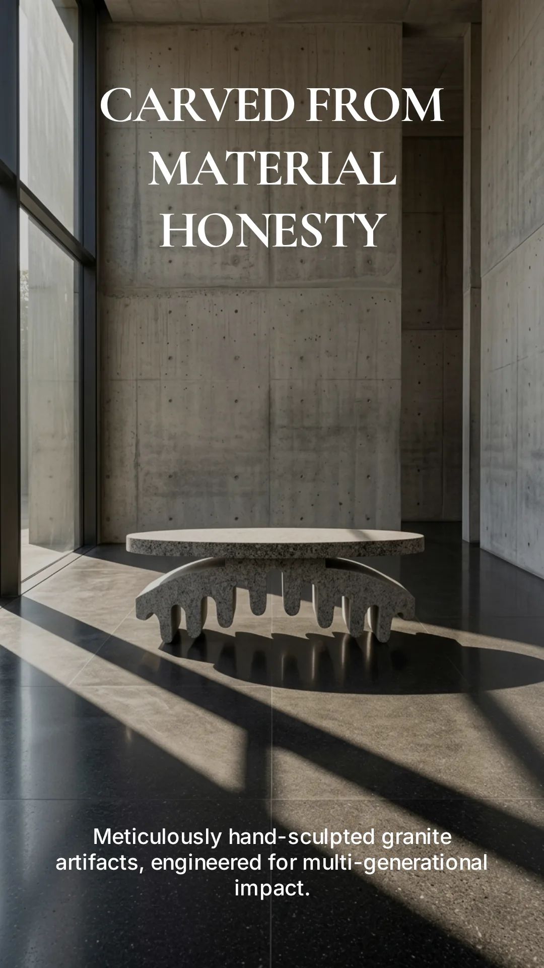 Round granite table with a dripping sculptural base in a concrete corridor