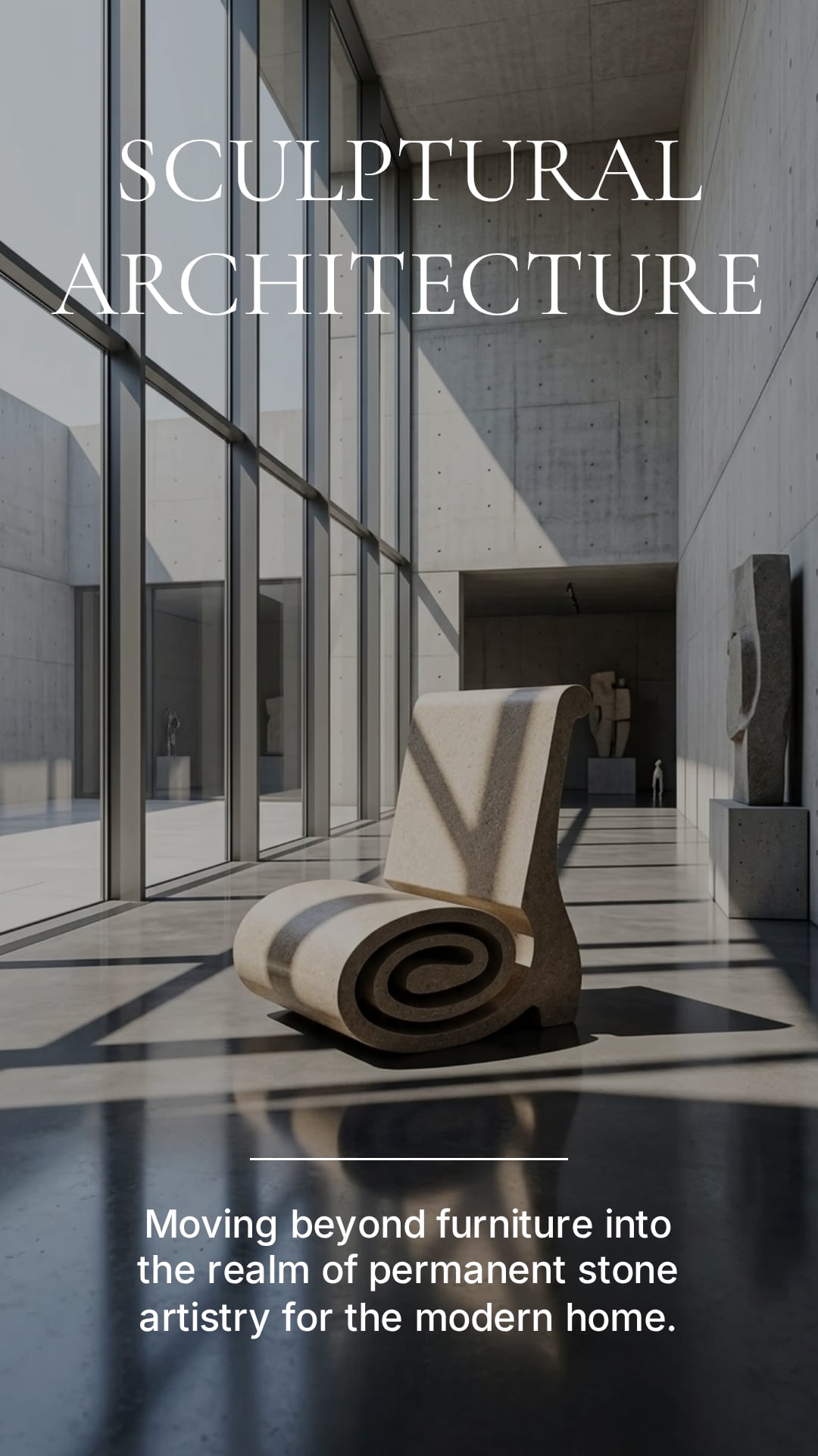 Dragon Tail chair in a museum interior alongside stone sculptures